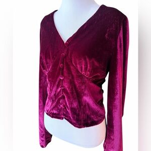OAT NEW YORK Red Wine Cropped Velvet Button-Up Top